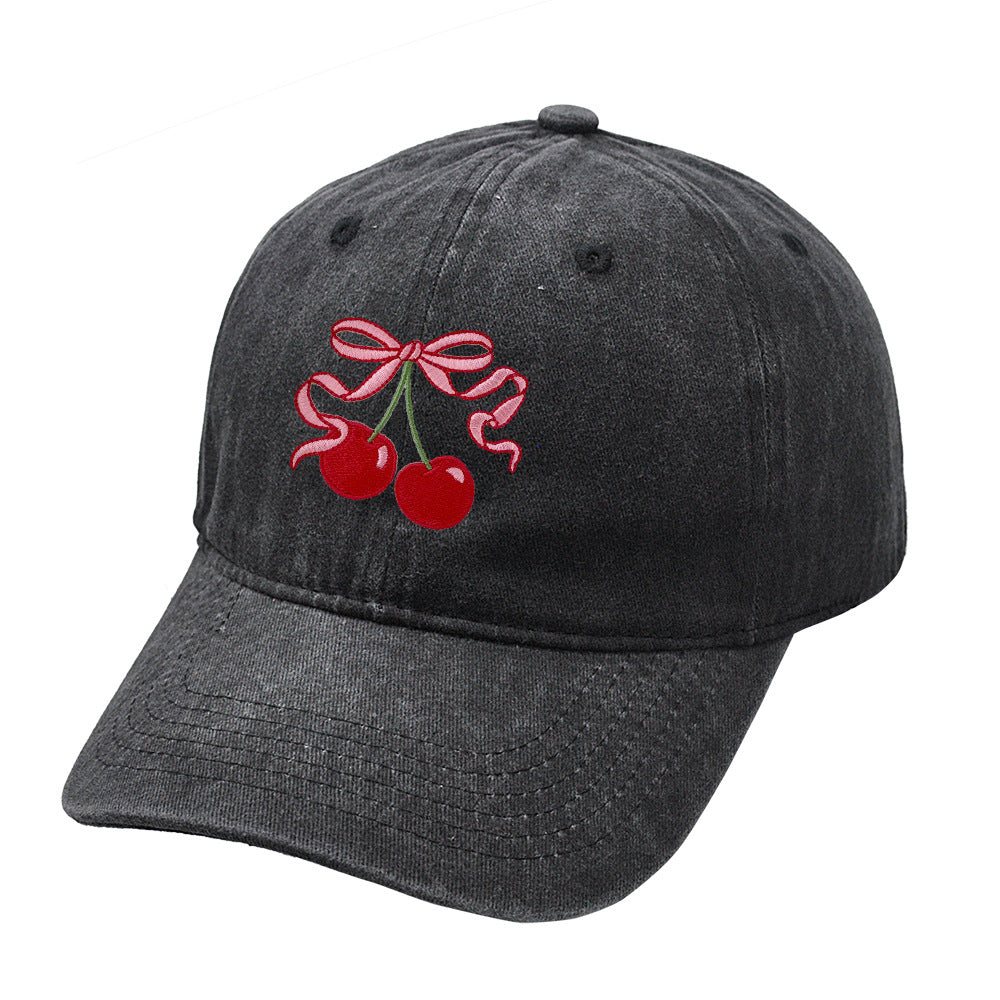 Vintage Washed Baseball Cap with Cherry & Bow Embroidery