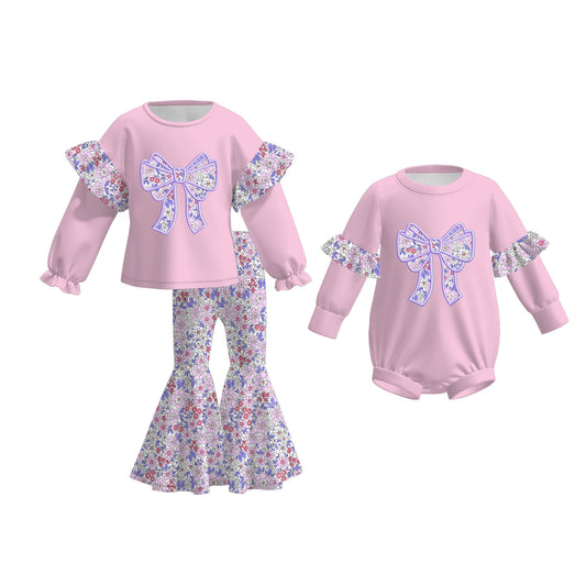 Fall/Winter Embroidered Floral Bow Sister Pink Outfits
