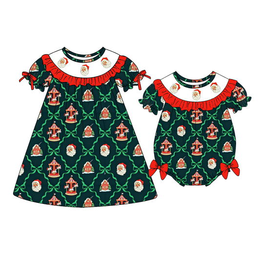 Christmas Smocked Embroidery Sister Matching Outfits – Girls Holiday Dress & Baby Bubble Romper