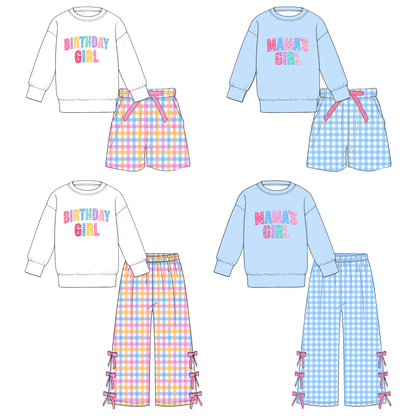 Girls Mama's Girl & Birthday Girl Printed Outfit Set – Long Sleeve Sweatshirt with Gingham Shorts or Bow Detail Wide Leg Pants