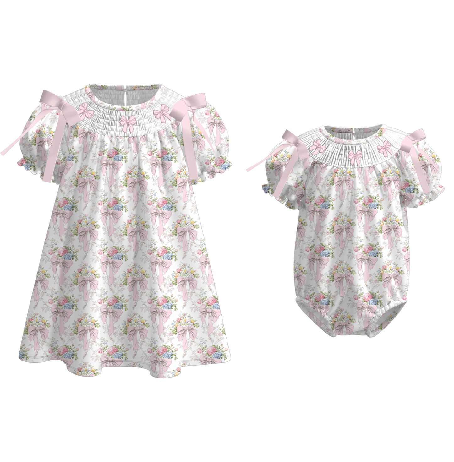 Spring Summer Pink Bow Floral Smock Embroidery Dress & Romper