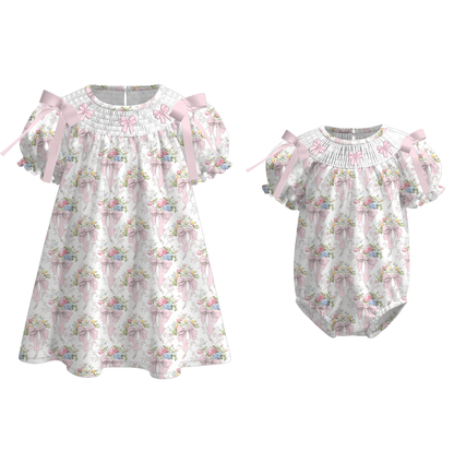 Spring Summer Pink Bow Floral Smock Embroidery Dress & Romper