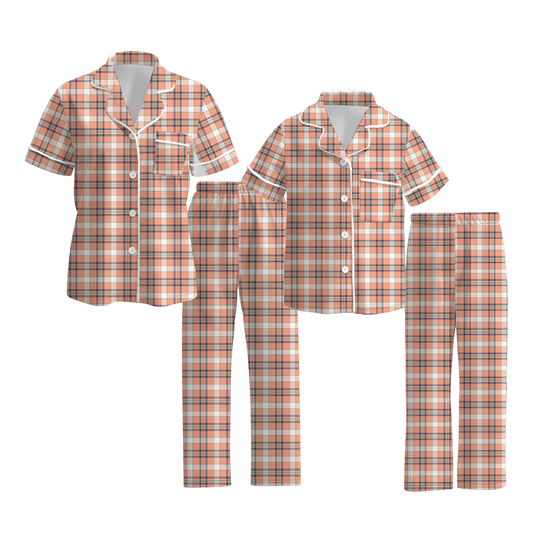 Mommy And Me Fall Orange Plaid Print Pajamas Set