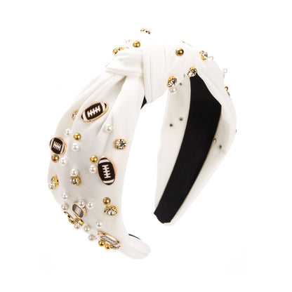 American Football Top Knot Headband with Pearls & Rhinestones – Wide Hair Accessory, Game Day Gift for Fans