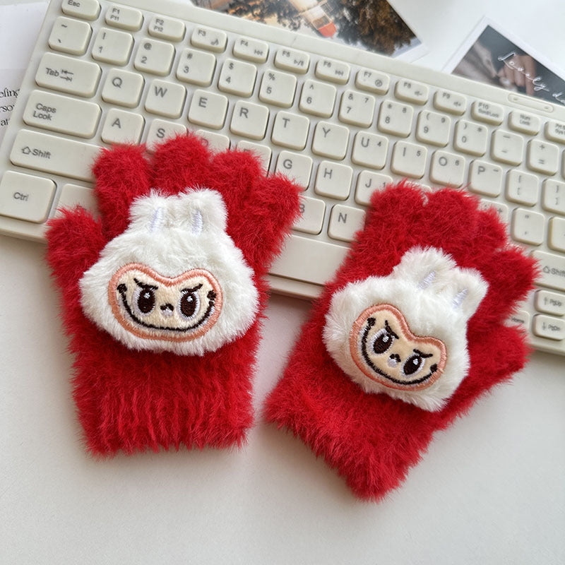Winter Knit Gloves with Plush Doll Decoration Warm Fuzzy Rhinestone Finger Gloves for Parent Child Matching