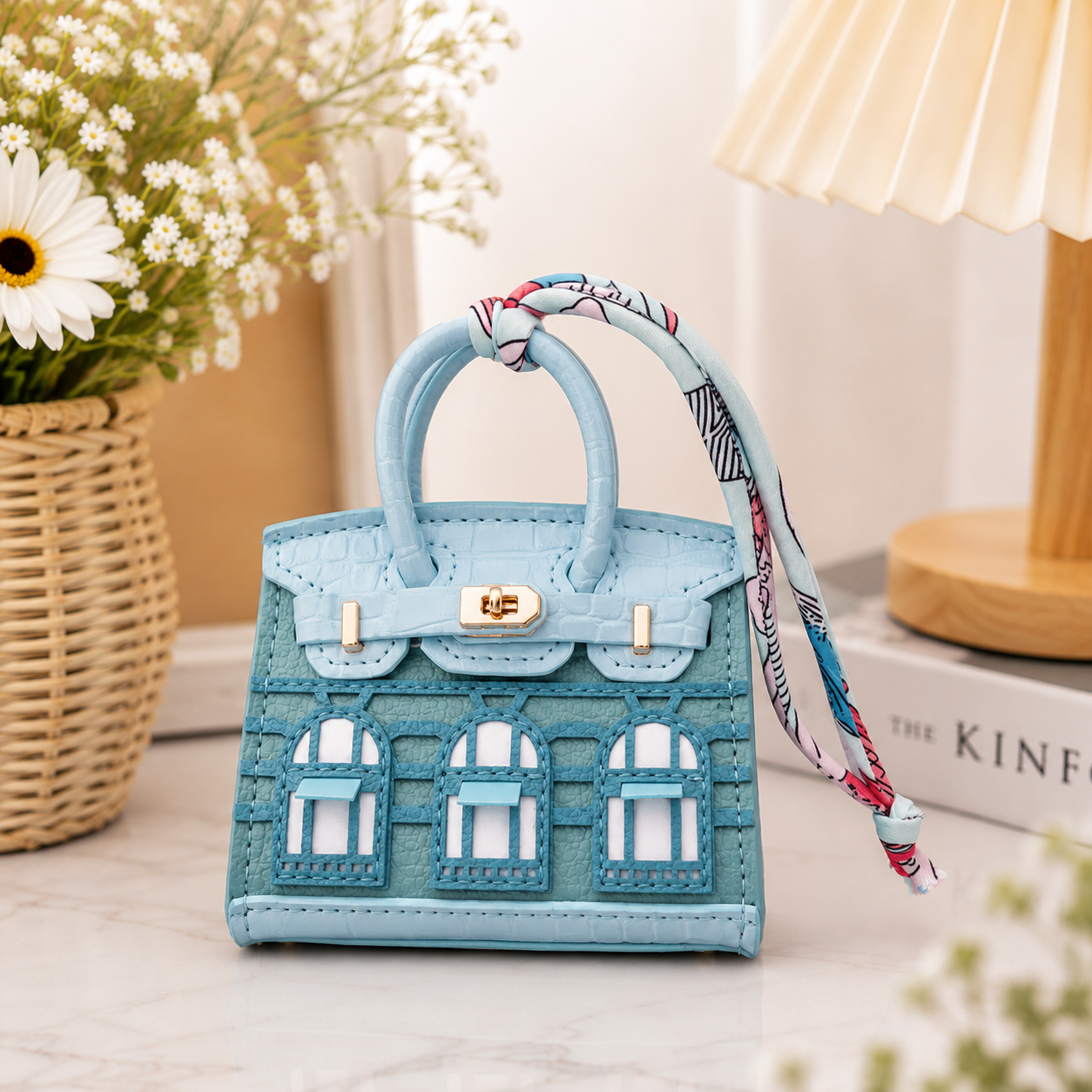 Mini House Bag Charm with Scarf – Faux Leather Coin Purse & Earbud Pouch