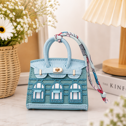 Mini House Bag Charm with Scarf – Faux Leather Coin Purse & Earbud Pouch