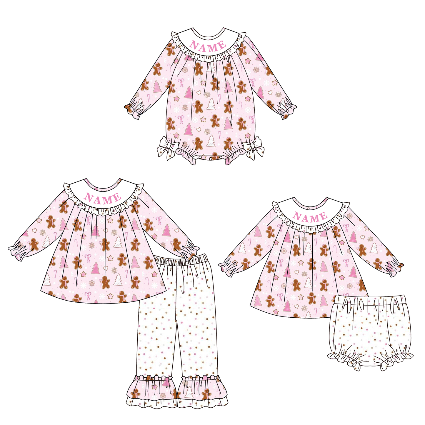 Christmas Smocked Embroidery Custom Name Gingerbread Outfit Collection