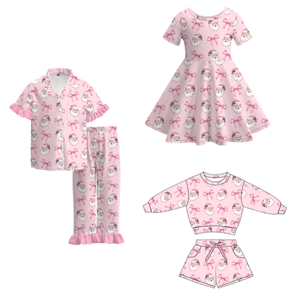 Girls Pink Christmas Santa & Bow Collection – Holiday Pajama Set, Dress & Shorts Set
