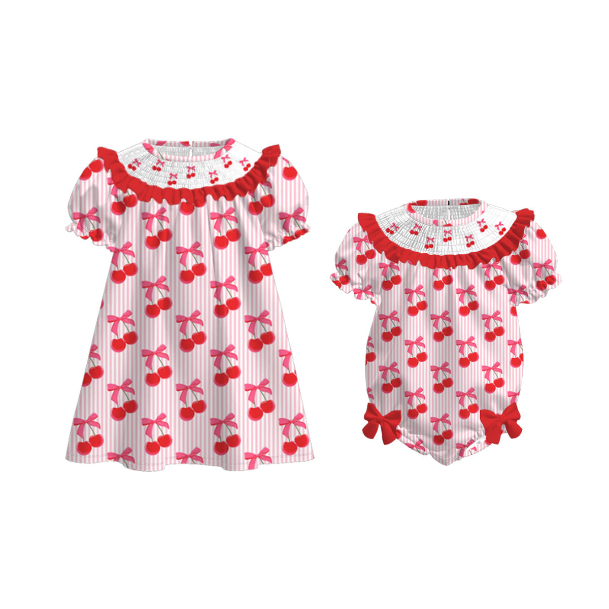 Girls Summer Cherry Embroidered Smocked Dress Romper