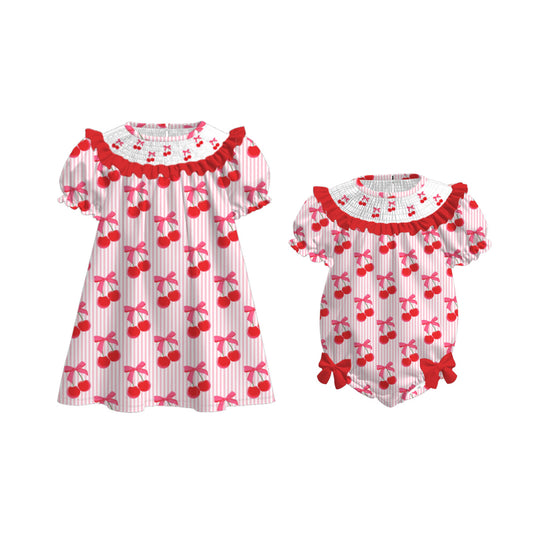 Girls Summer Cherry Embroidered Smocked Dress Romper