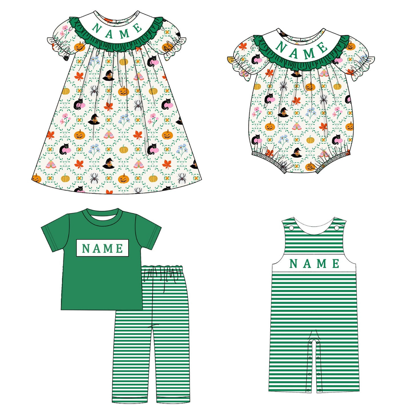 Kids Halloween CUSTOM NAME Embroidery Green Pumpkin Sibling Clothes