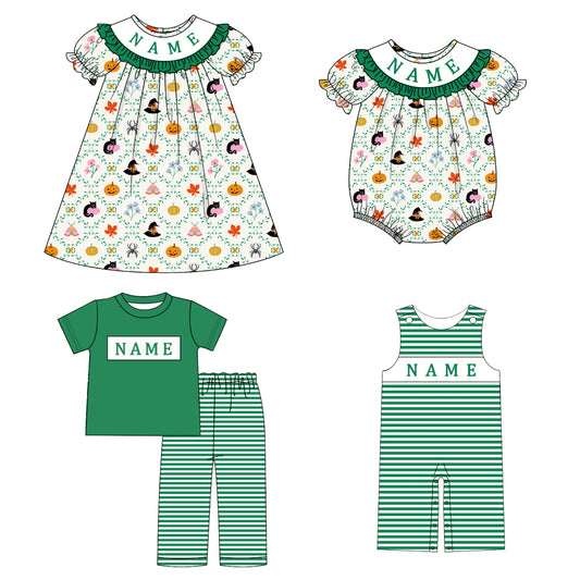 Kids Halloween CUSTOM NAME Embroidery Green Pumpkin Sibling Clothes