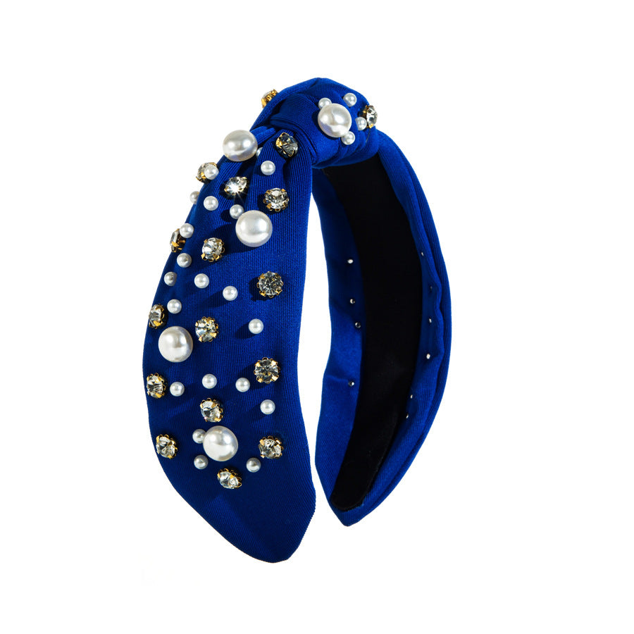 Wide Knotted Headband with Pearls & Rhinestones Padded Fashion Hair Band for Women & Girls