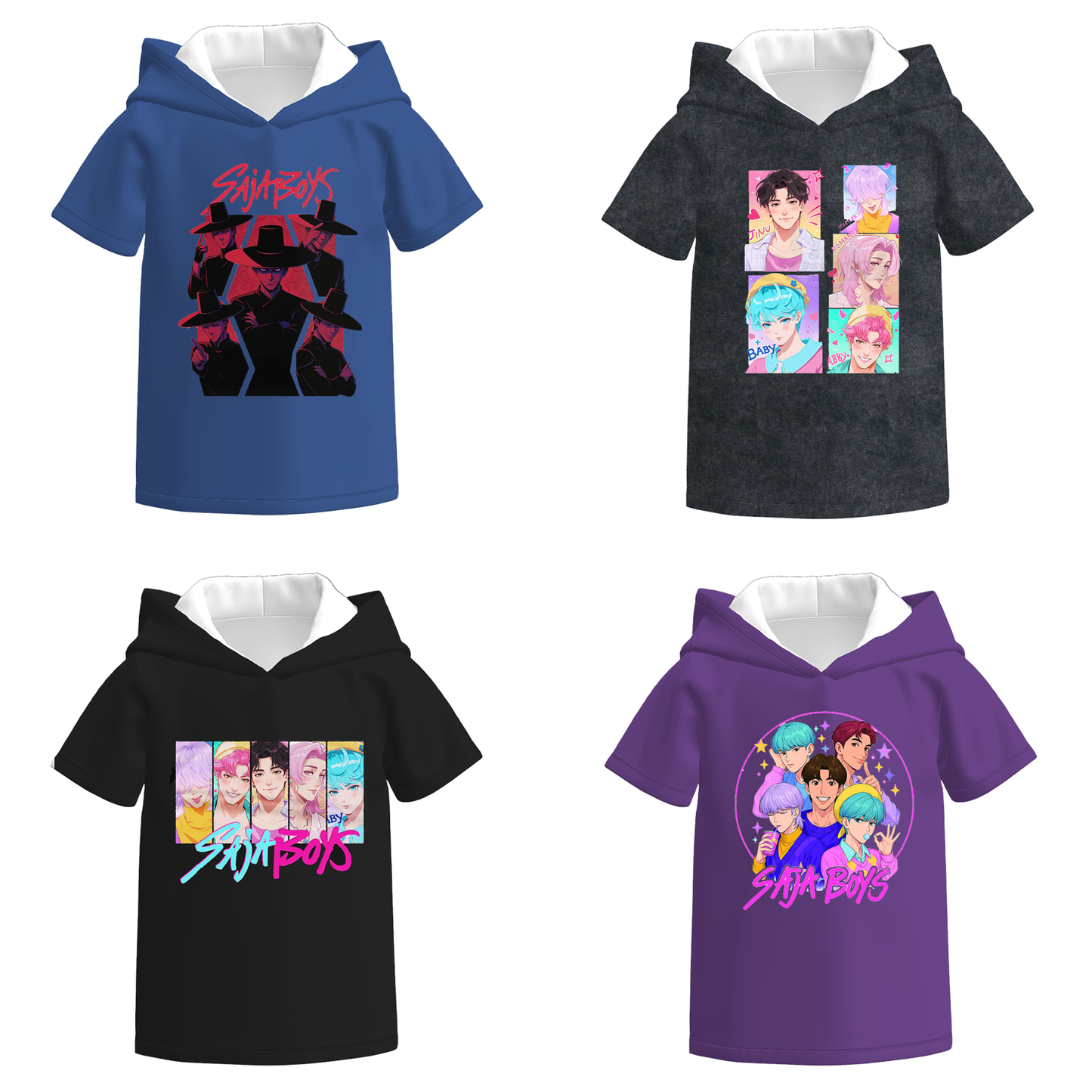 Boys Kpop Demon Hunter Print Short Sleeves Fashion Hoodies