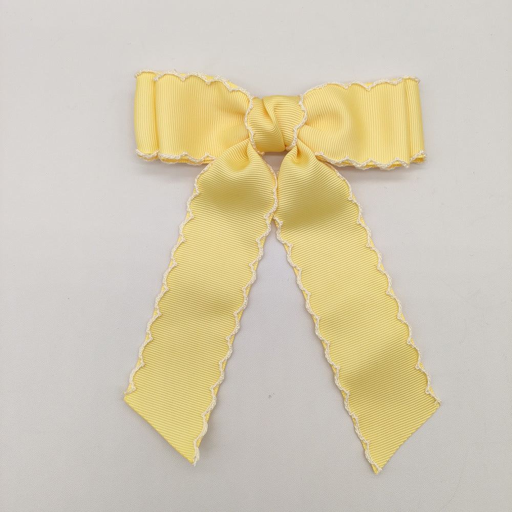 Girls Grosgrain Ribbon Bow Hair Clip – Contrast Scalloped Stitching & Long Ribbon Tails