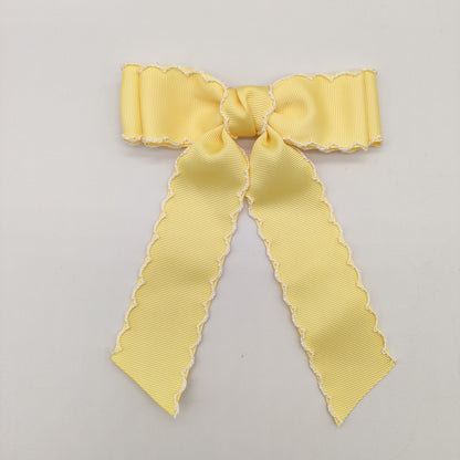 Girls Grosgrain Ribbon Bow Hair Clip – Contrast Scalloped Stitching & Long Ribbon Tails
