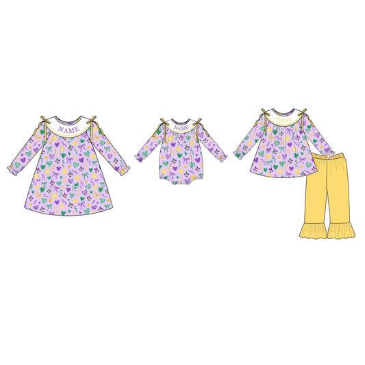 Personalized Girls Mardi Gras Smocked Outfits – Custom Name Embroidered Purple Dress, Baby Bubble Romper & Yellow Ruffle Pants Set