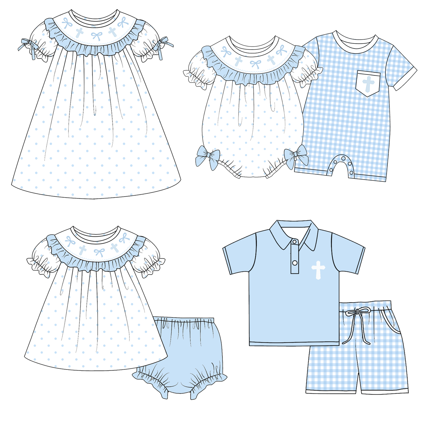Easter Blue Plaid Bow Cross Smock Embroidery Collection