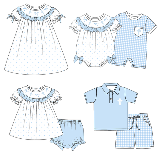 Easter Blue Plaid Bow Cross Smock Embroidery Collection