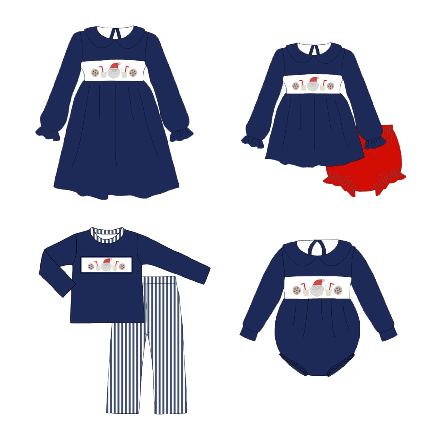 Kids Christmas Navy Red Santa Embroidered Smocked Outfits Collection
