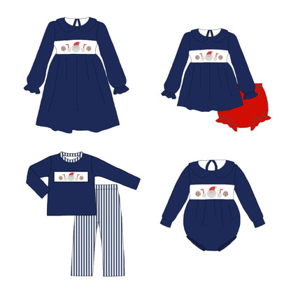 Kids Christmas Navy Red Santa Embroidered Smocked Outfits Collection