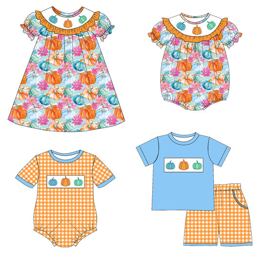 Halloween Pumpkin Sibling Outfit Set – Embroidered Smocked Collection