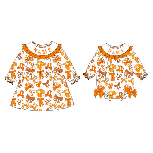 Girls Fall Custom Name Embroidery Smock Bow Print Dress & Bubble