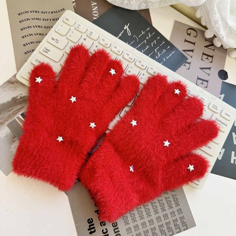 Winter Fluffy Star Gloves Soft Faux Mink Knit Warm Gloves for Parent-Child Matching & Cycling
