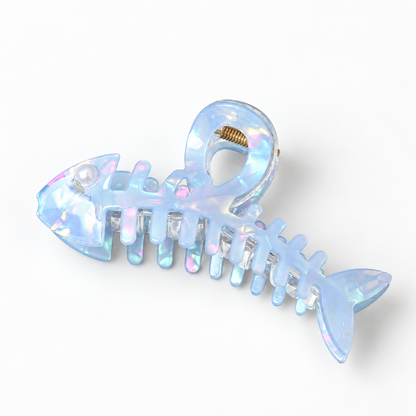 Iridescent Fishbone Hair Claw Clip – Acetate-Look Fish Skeleton Clip with Faux Pearl Eye