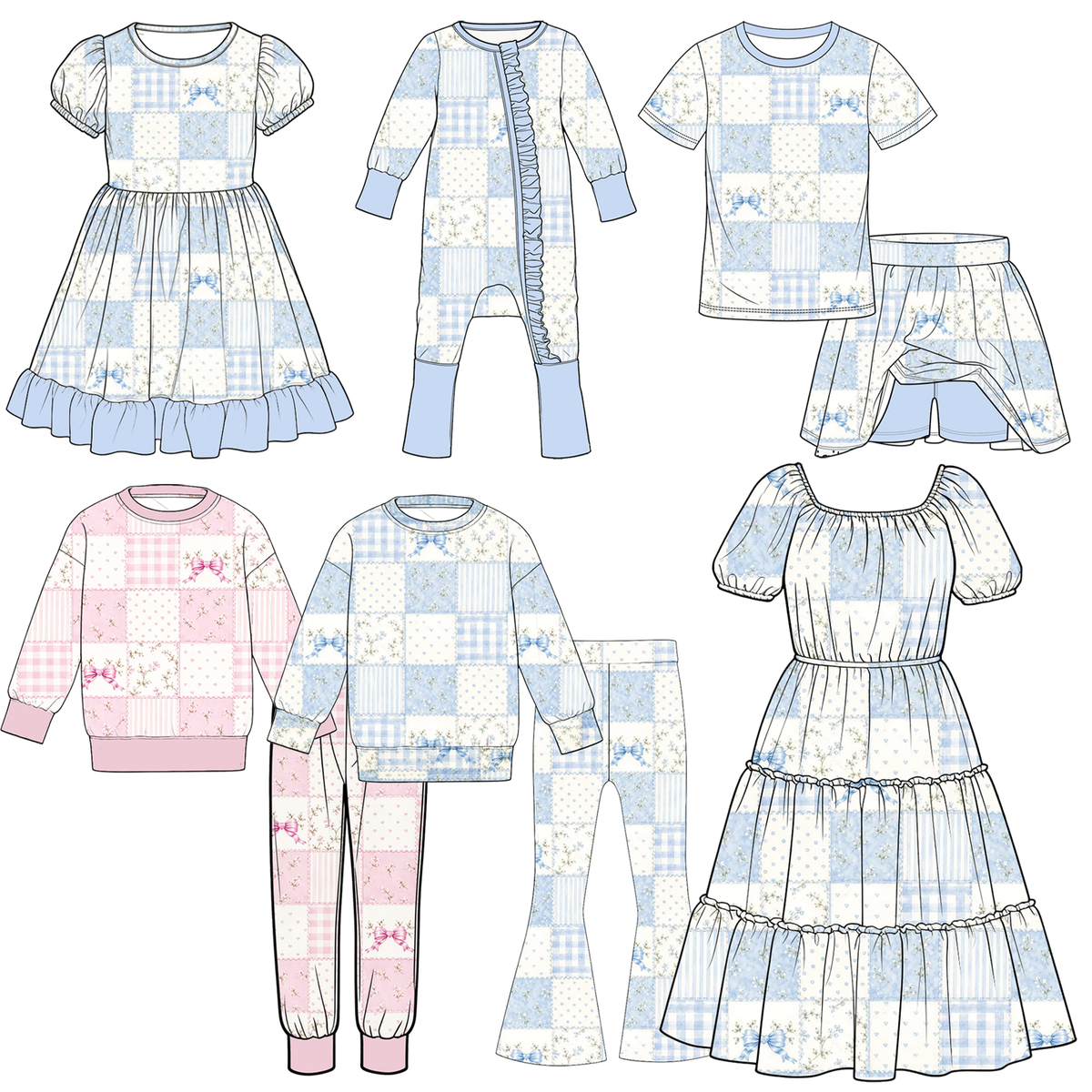 Christmas Blue & Pink Patchwork Family Matching Collection – Girls Dress, Romper, Skirt & Flare Pant Sets, Women’s Maxi Dress