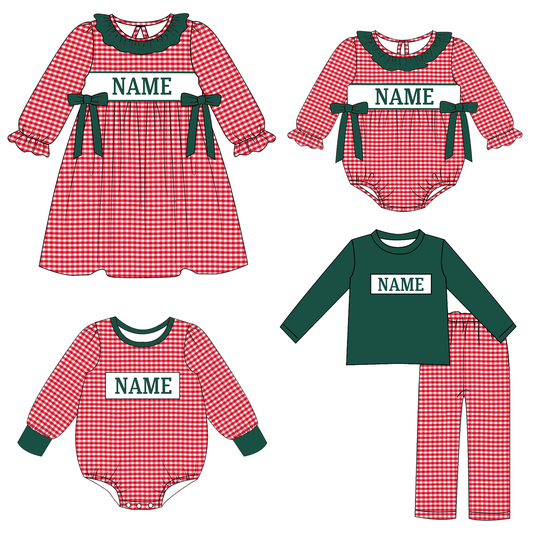 Kids Christmas CUSTOM NAME Embroidery Red Plaid Sibling Clothes