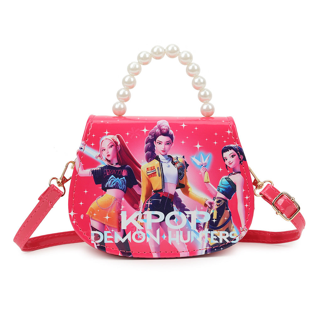 K-POP Demon Hunters Anime Print Kids Crossbody Bag with Pearl Handle & PU Strap