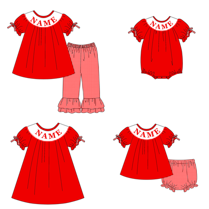 2026 Valentine’s Day Red Plaid Custom Name Smocked Embroidery Collection