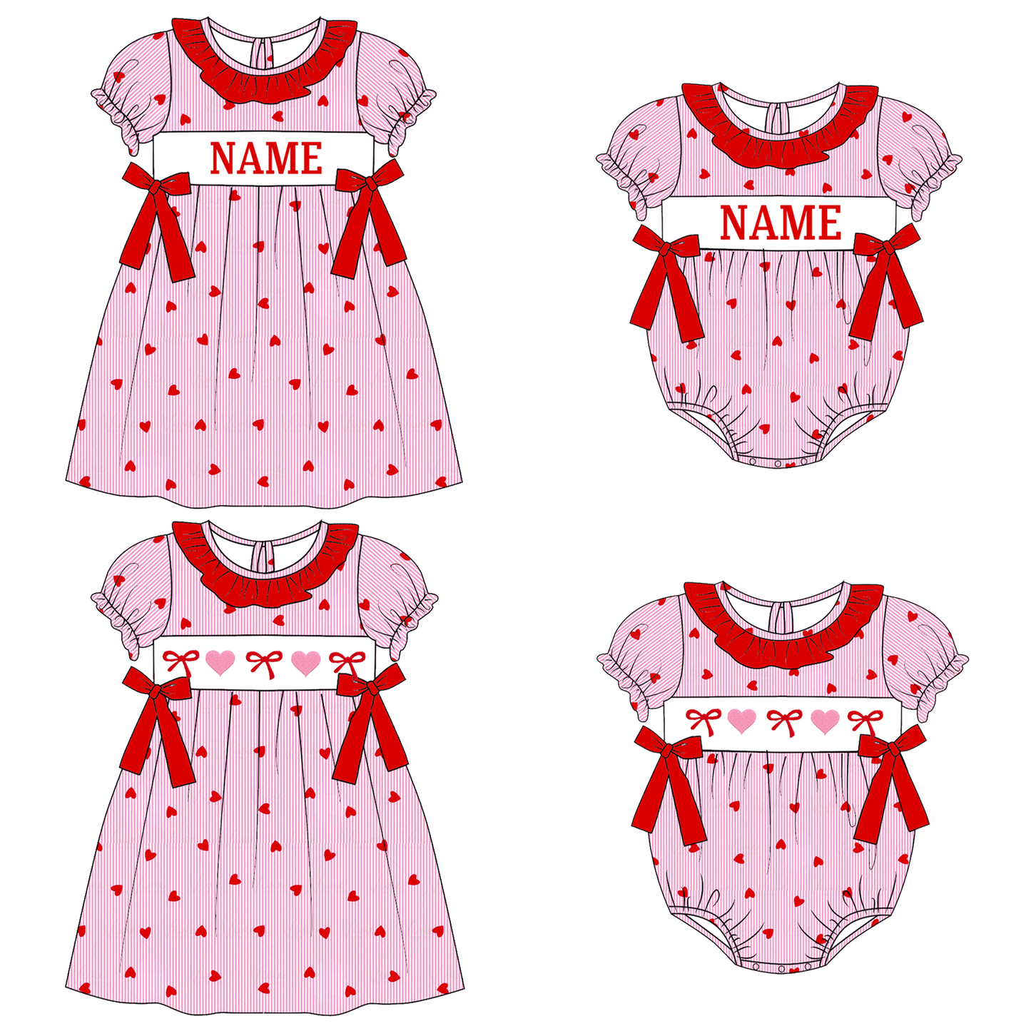 Valentine's Day Pink Heart Custom Name Smocked Embroidered Collection