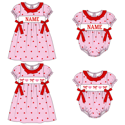 Valentine's Day Pink Heart Custom Name Smocked Embroidered Collection