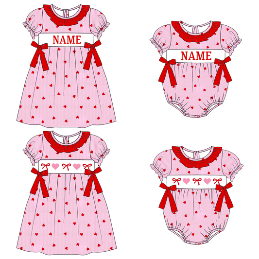 Valentine's Day Pink Heart Custom Name Smocked Embroidered Collection