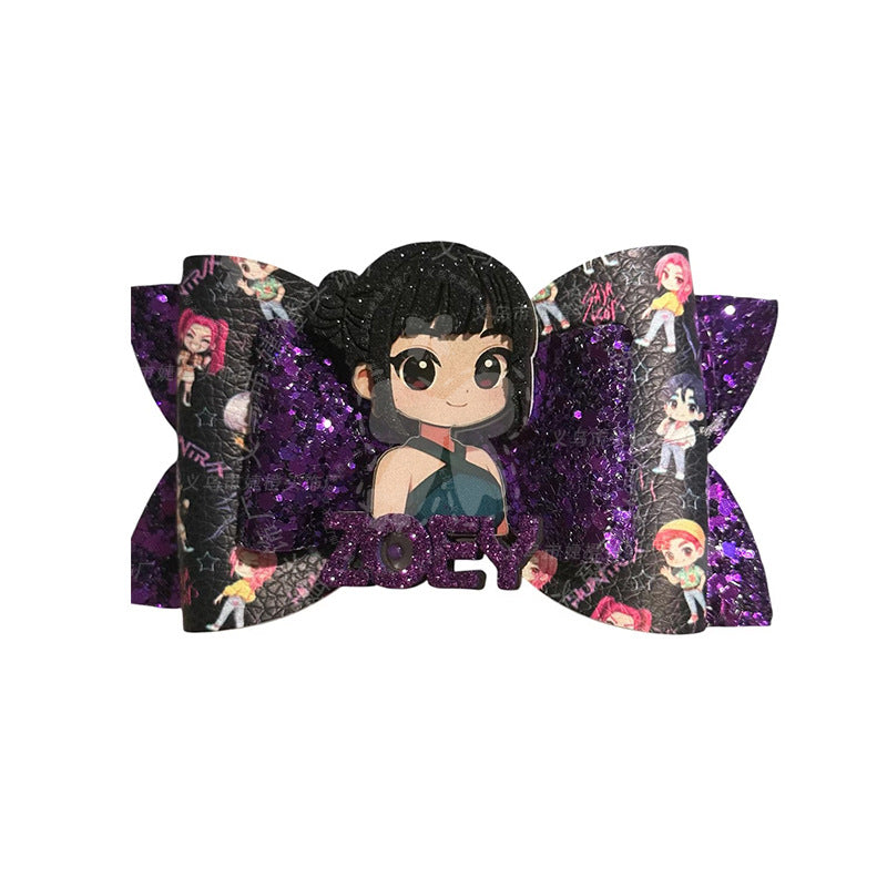 K-Pop Demon Hunters Glitter Bow Hair Clips, Cute Cartoon Character Barrettes for Girls