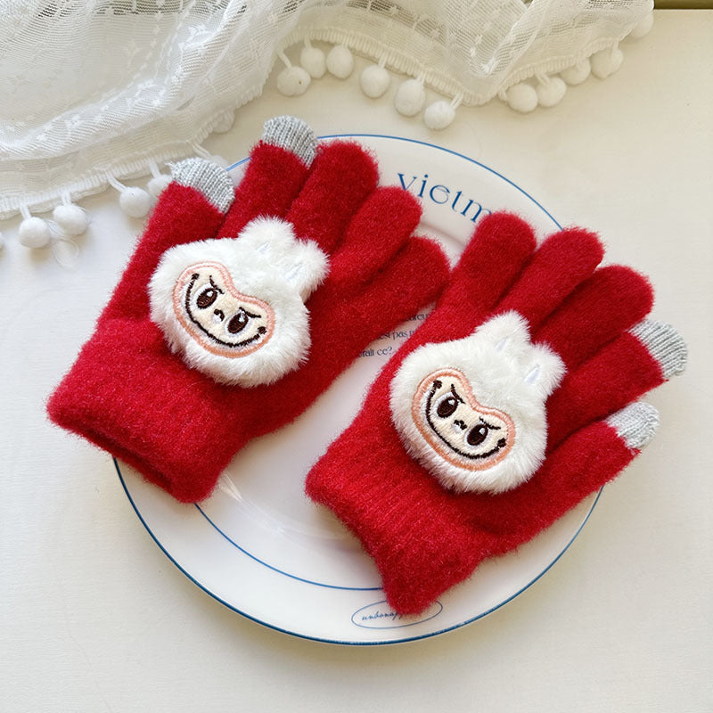 Winter Knit Gloves with Plush Doll Decoration Warm Fuzzy Finger Gloves for Parent Child Matching