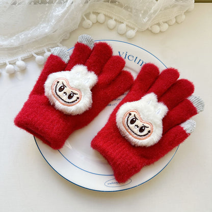 Winter Knit Gloves with Plush Doll Decoration Warm Fuzzy Finger Gloves for Parent Child Matching