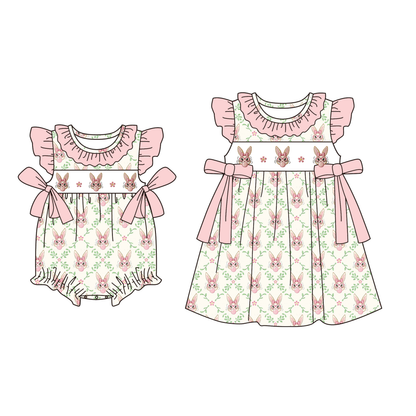 Easter Cute Bunny Embroidery Smock Dress & Romper