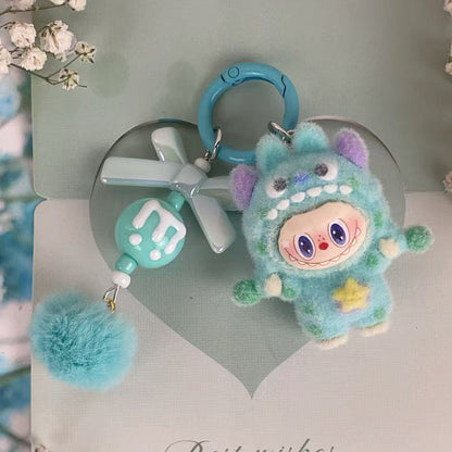 Flocked Labubu Key chain Pom-pom Backpack Charm Trendy Merchandise