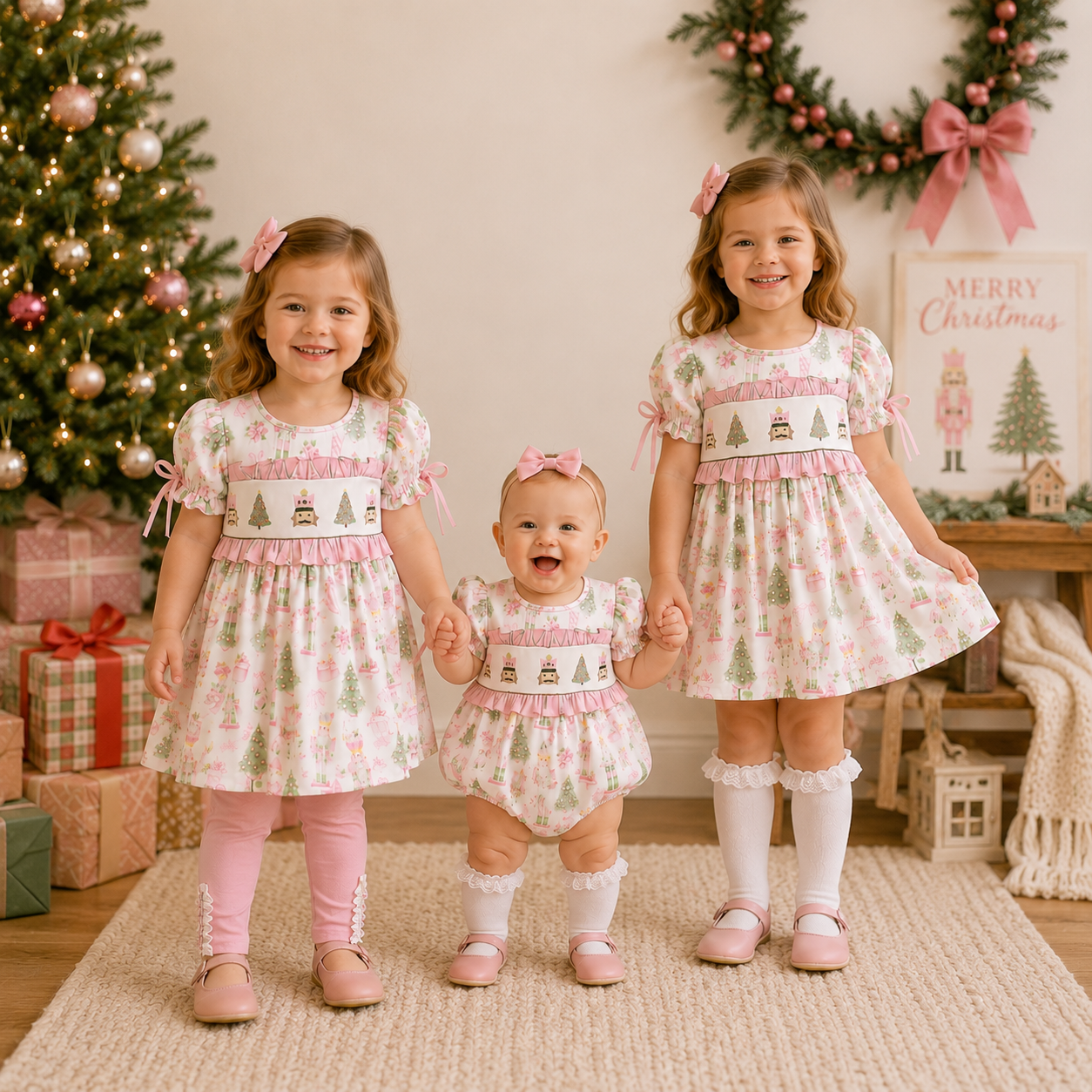 Pink Christmas Tree Smocked Embroidery Girls Holiday Outfits
