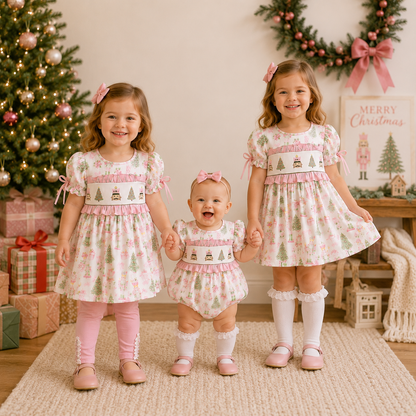 Pink Christmas Tree Smocked Embroidery Girls Holiday Outfits