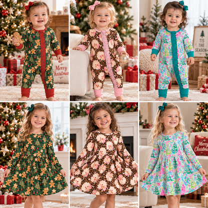 Christmas Girls & Baby Matching Outfit Collection – Long Sleeve Twirl Dress & Ruffle Romper