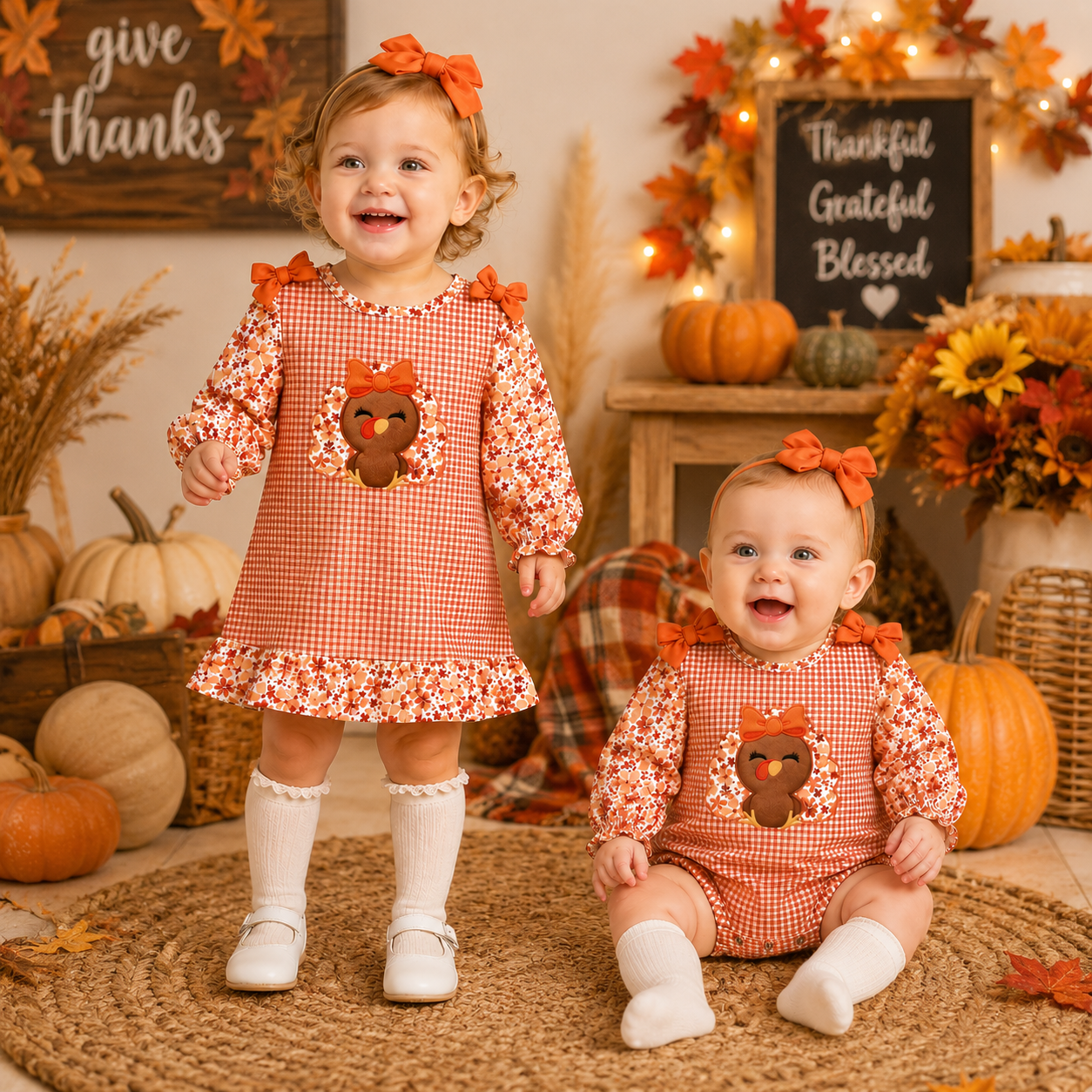 Thanksgiving Turkey Embroidery Sister Matching Outfit – Girls Dress & Baby Romper