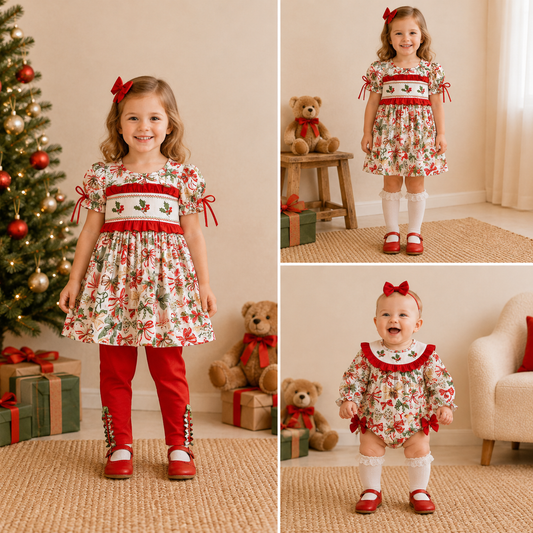 Christmas Holly Bow Smocked Embroidery Girls Holiday Outfits