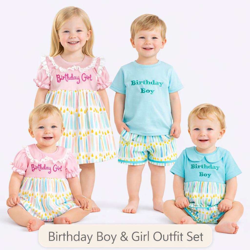 Kids Spring Summer Brithday Embroidery Candle Sibling Set