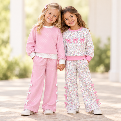 Girls Fall Winter Bow Detail Two-Piece Outfit – Pink Polka Dot & Floral Print Long Sleeve Top with Wide Leg Pants Set