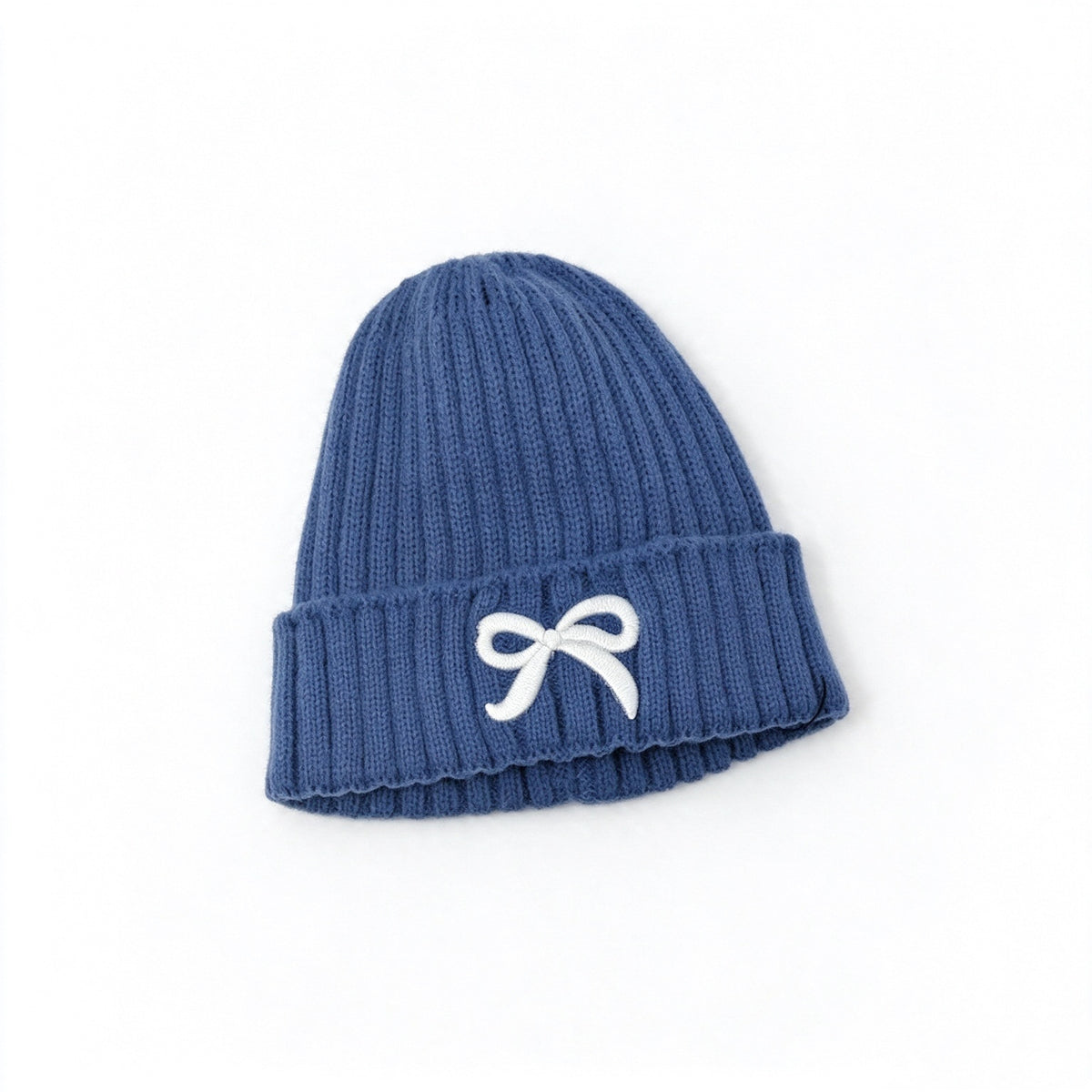 Girls Bow Embroidered Knit Beanie – Ribbed Cuffed Winter Hat, Ages 3–10